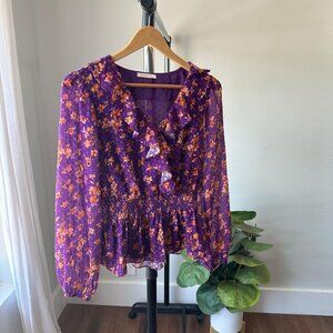 Womens Skies Are Blue Purple Floral Long Sleeve Smock Waist Ruffle Blouse NWT S